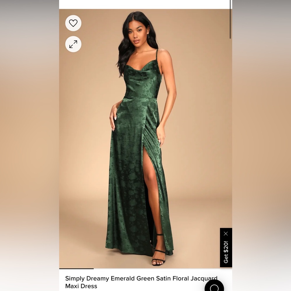 LULUS SIMPLY DREAMY EMERALD GREEN SATIN FLORAL JACQUARD MAXI DRESS SIZE SMALL